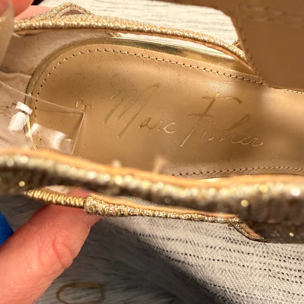 Marc Fisher Gold Nala Sandals Size 8.5 Metallic Formal Pump Heel Wedding - Picture 13 of 13